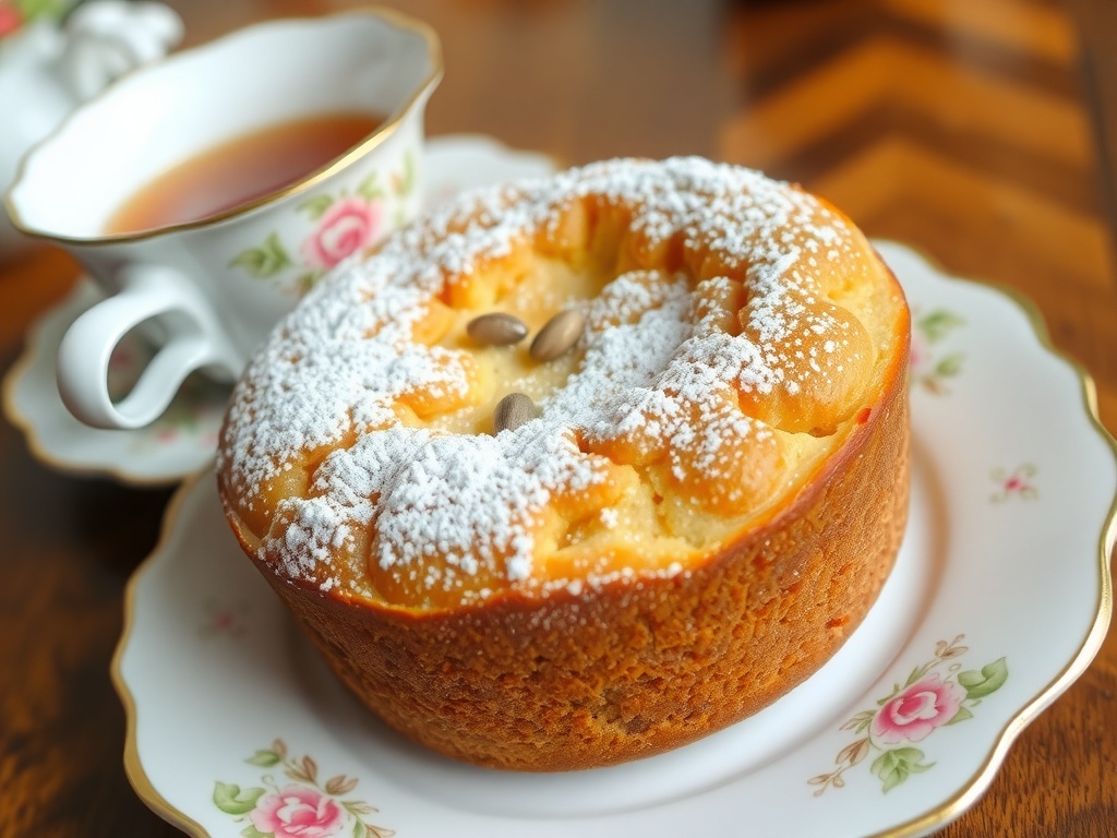 Traditional seed cake dusted with powdered sugar on a china plate with a cup of tea.